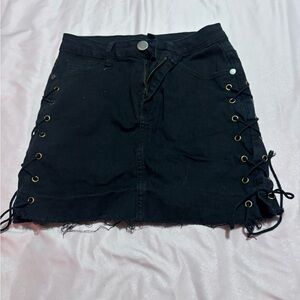 Black Lace-Up Denim Mini Skirt